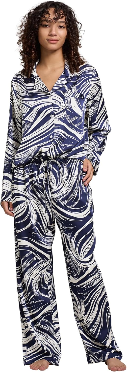 Womens Silk Satin Pajamas Set Button Down 2 Piece Pjs Long Sleeve
