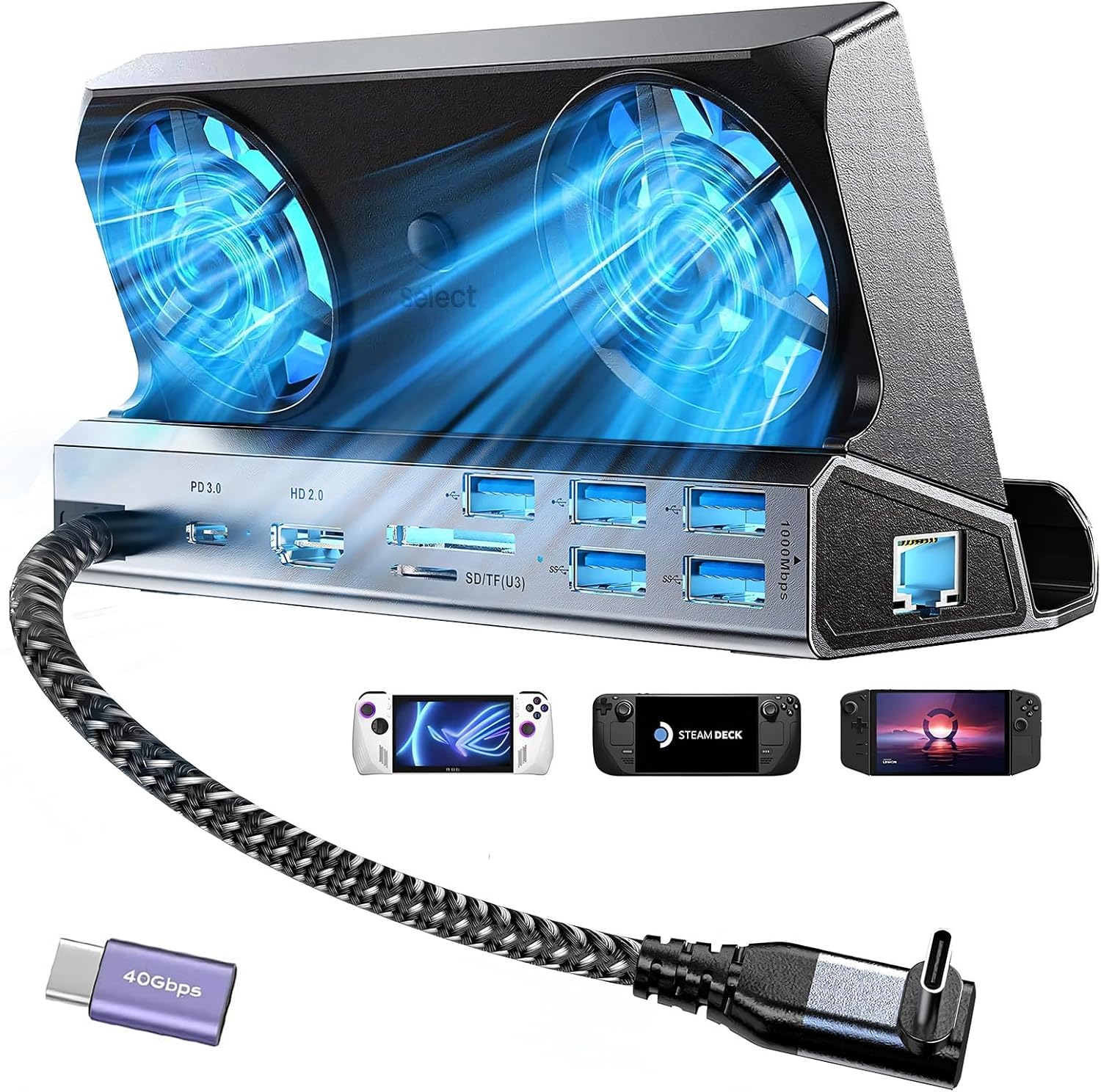 Docking Station for Steam Deck with Dual Cooling Fans and 10 Ports