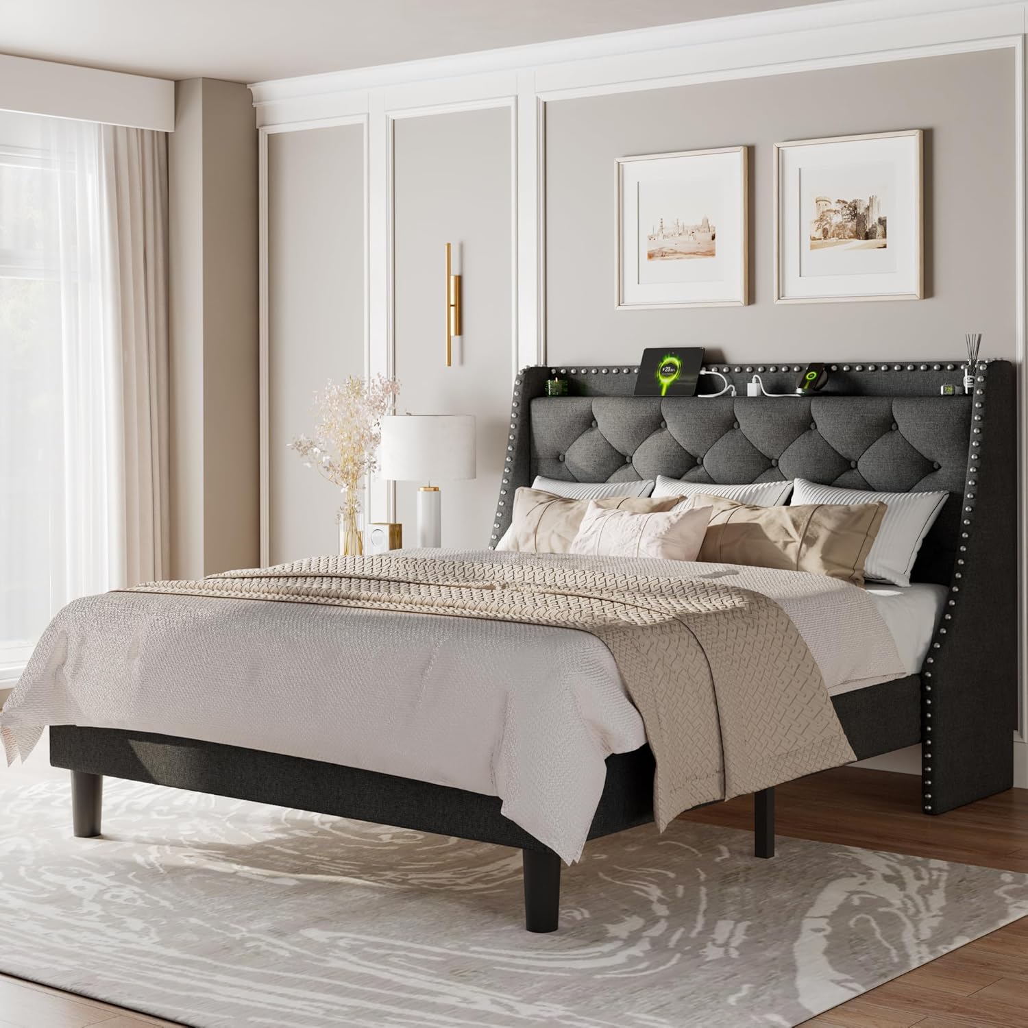 Feonase Queen Bed Frame with Wingback and Charging Station