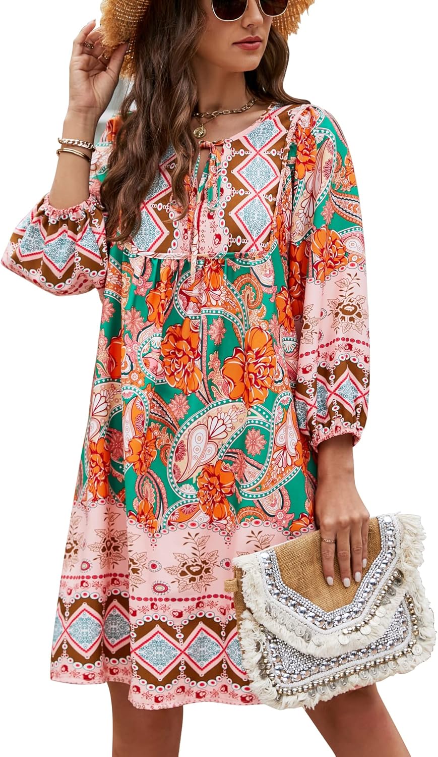 Bluetime Women Casual Summer Dress Boho V Neck Floral Print