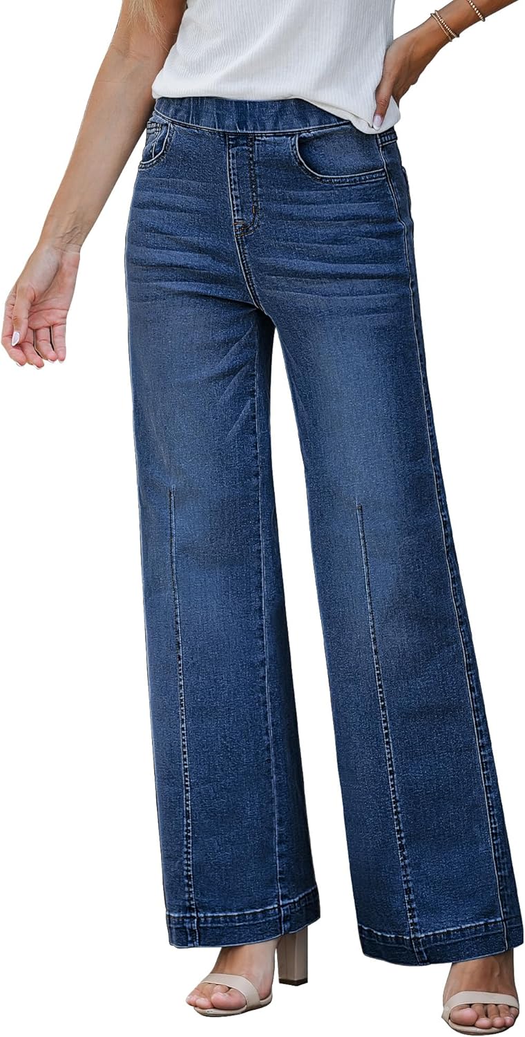 GRAPENT Pull On Womens Jeans Baggy Stretchy High Waisted Denim