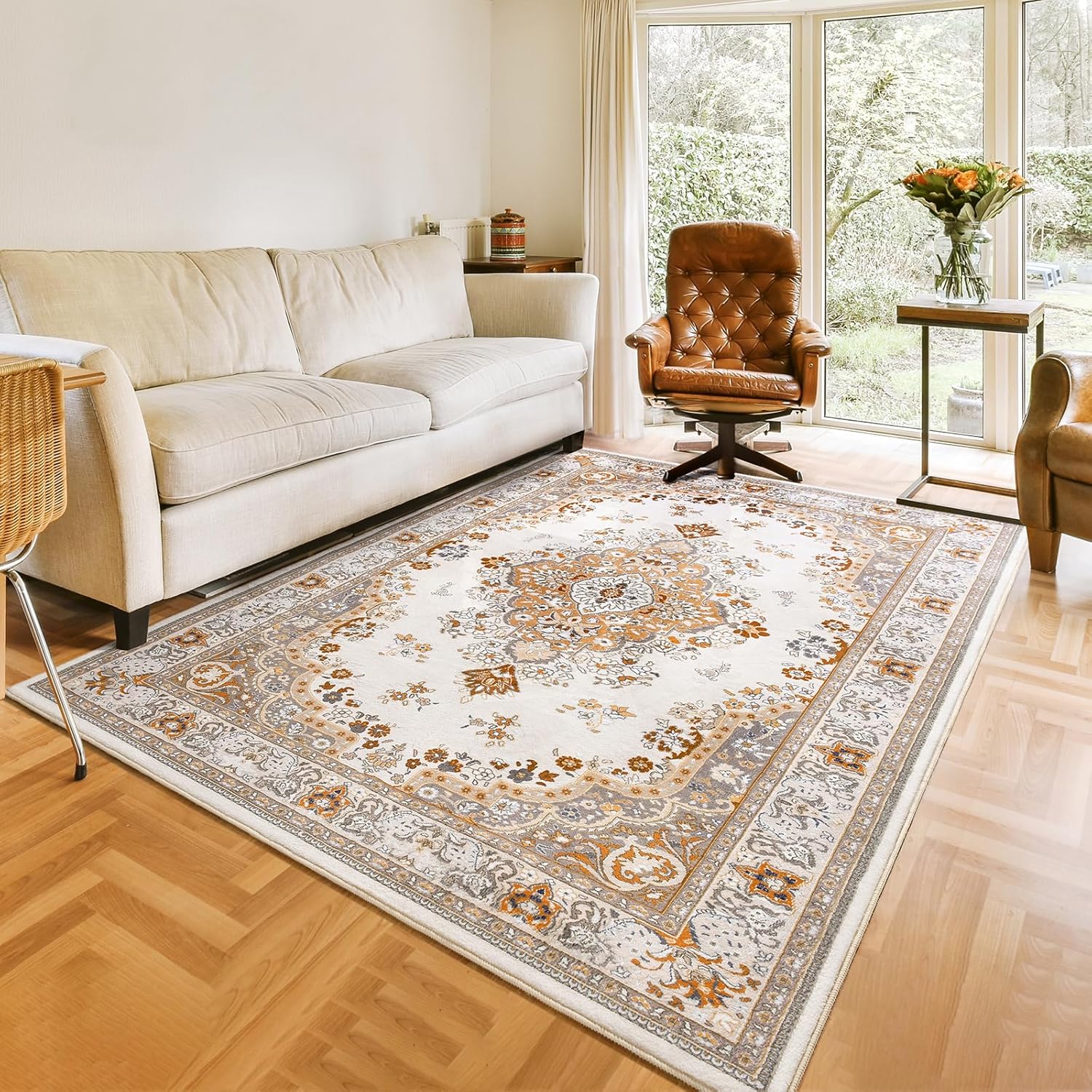 HOMORE 5x7 Living Room Rug - Soft Faux Wool Vintage Floral Design