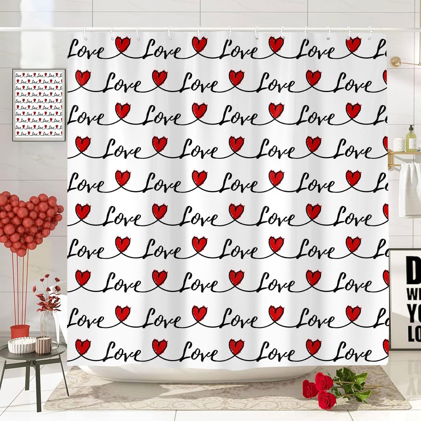 Love Heart Red White Shower Curtain Set