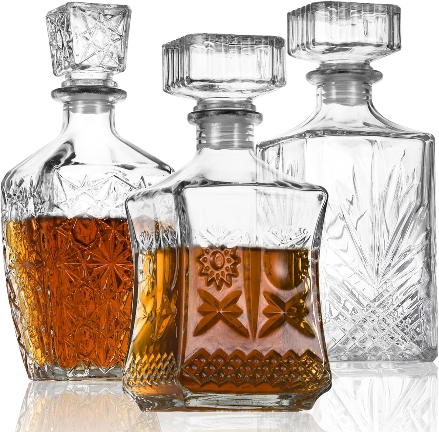 Whiskey Decanter Set of 3 - Unique Glass Alcohol Bottles