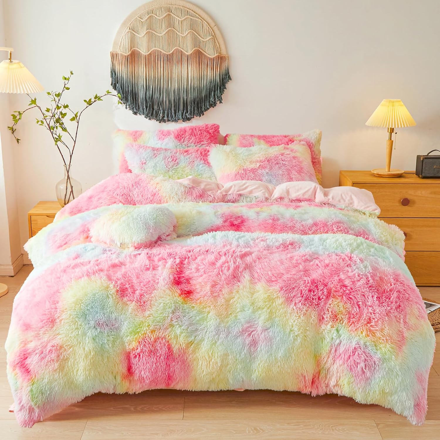 Faux Fur Rainbow Comforter Cover Queen Set for Cozy Bedrooms