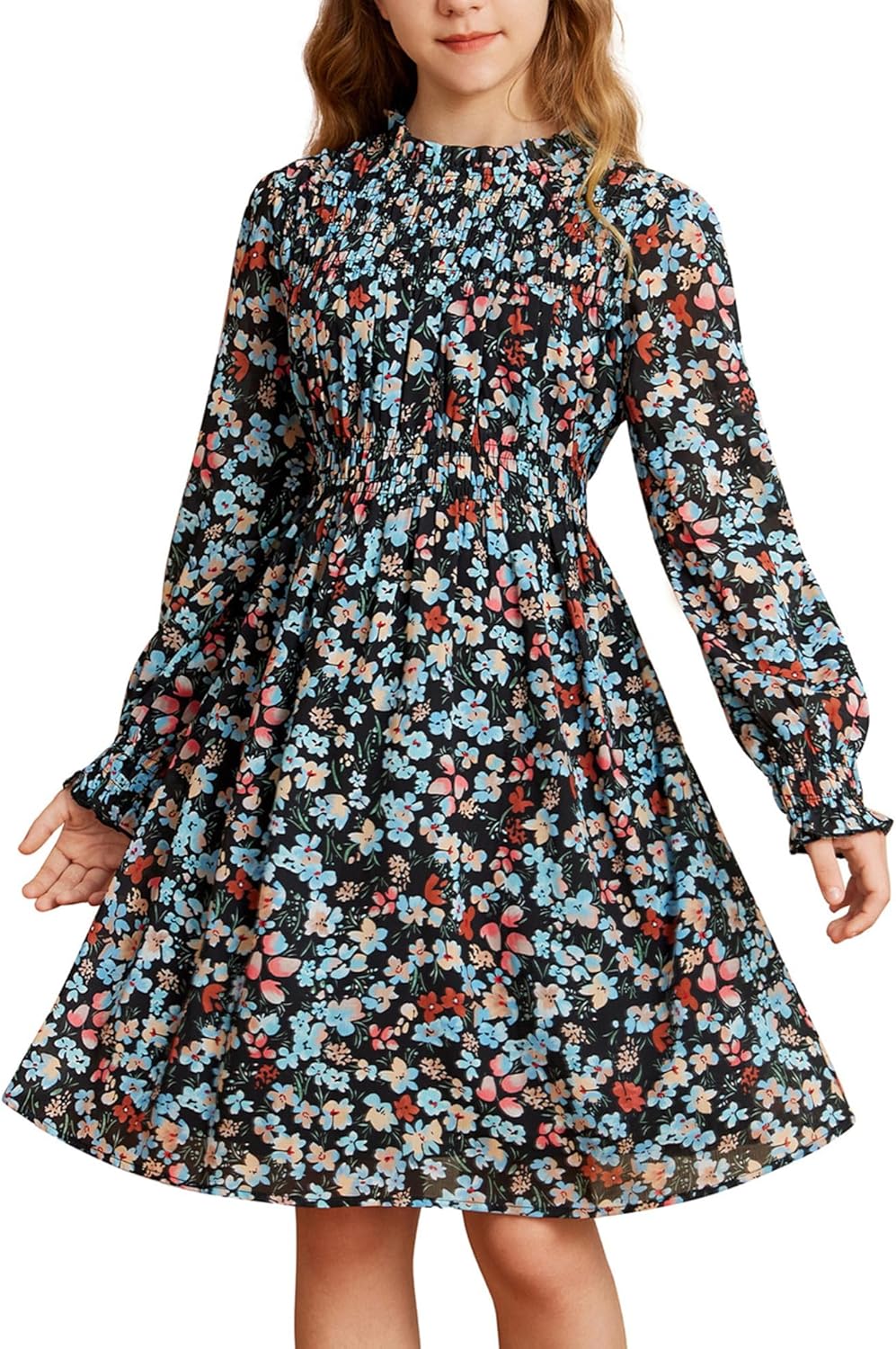 Girls' Floral Long Sleeve Midi Dress for Fall and Winter Wear