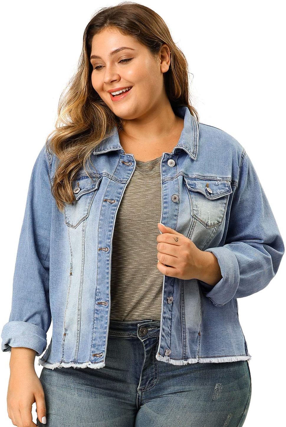 Classic Plus Size Frayed Denim Jacket for Women by Agnes Orinda
