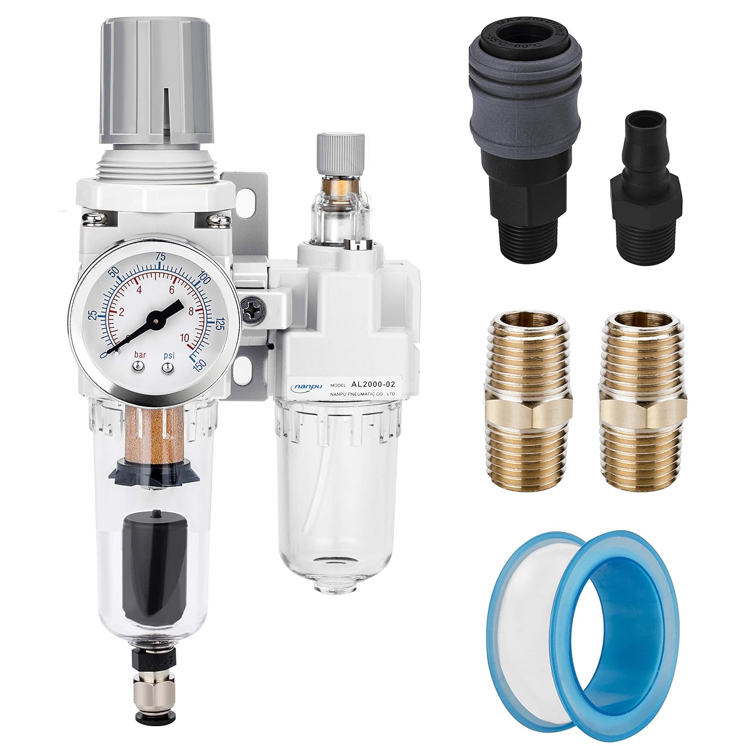 NANPU 1/4in NPT Auto-Drain Air Filter Regulator Lubricator Combo