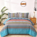 Boho Queen Quilt Set Pink and Blue - Lightweight Reversible Coverlet
