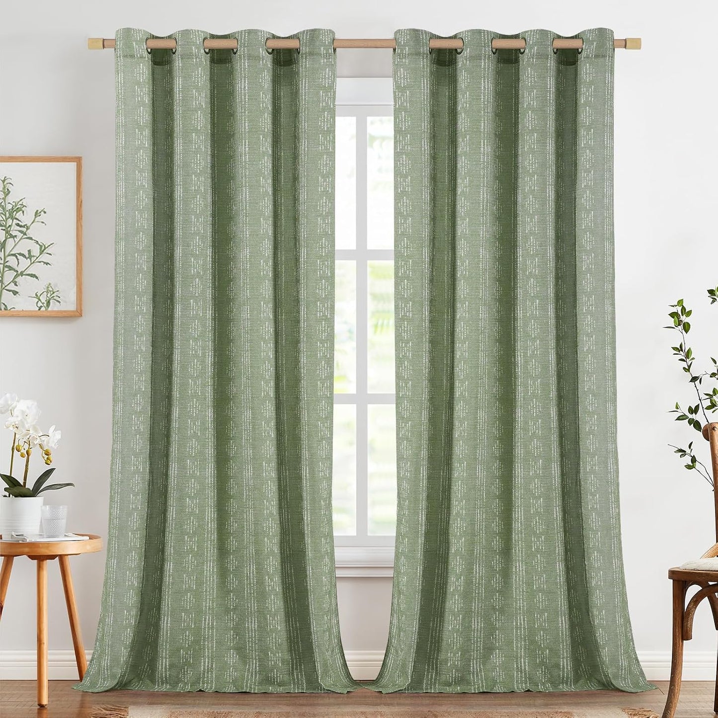 Boho Curtains for Living Room - Sage Green Linen Blend Drapes