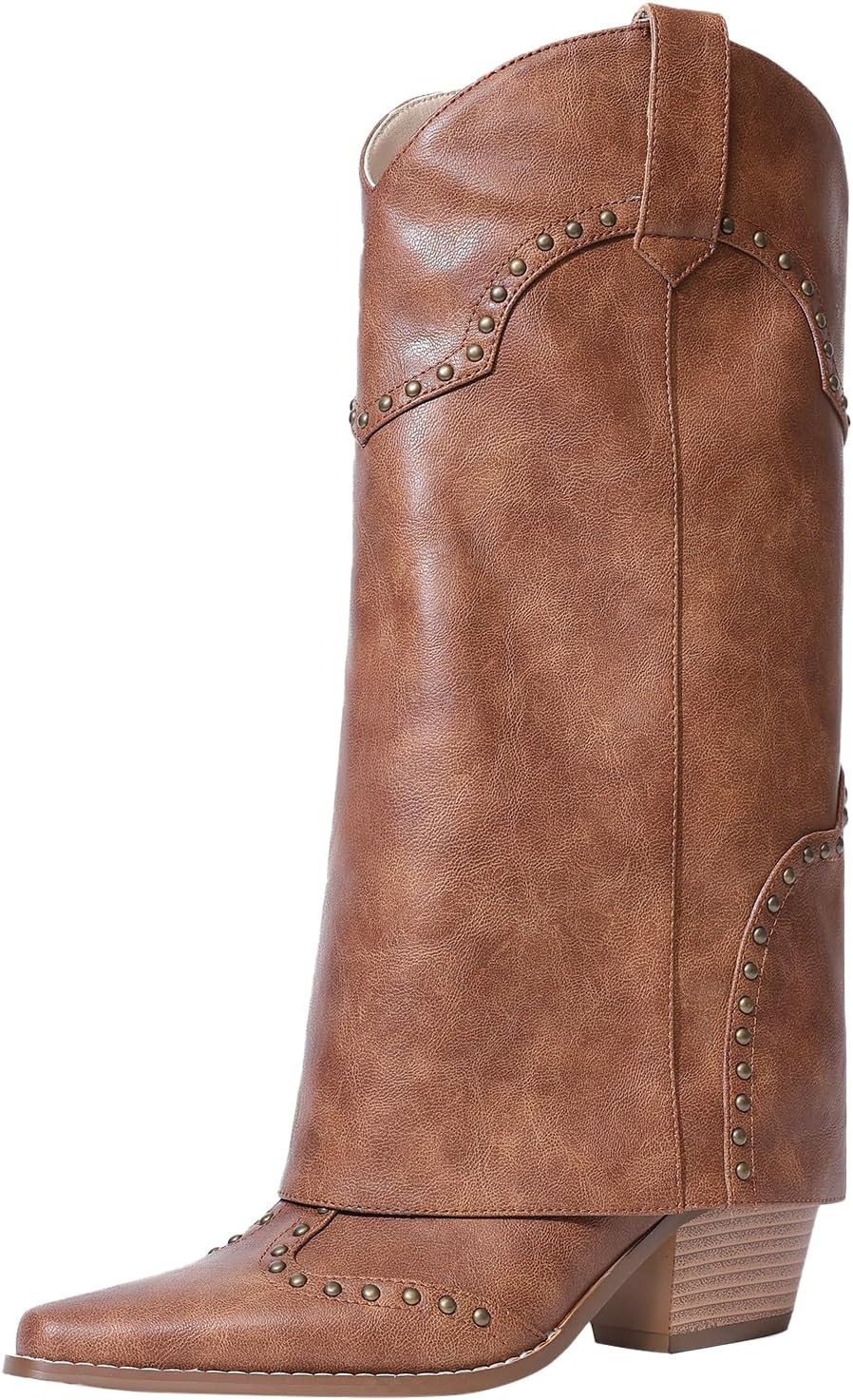Women Shark Boots Fold Over Mid Calf Chunky Heel Stylish Design