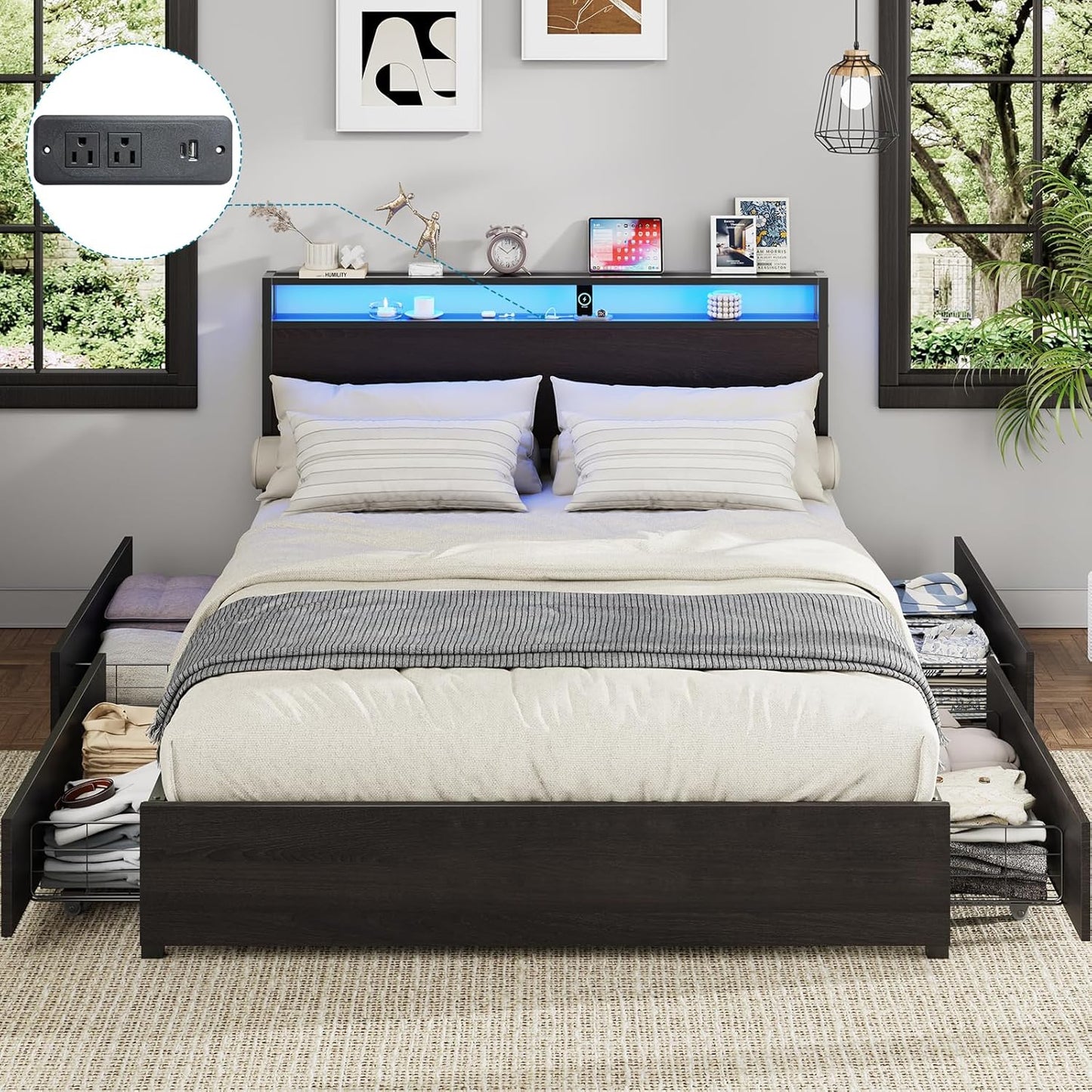 Full Size Bed Frame with LED Lights and Storage Drawers