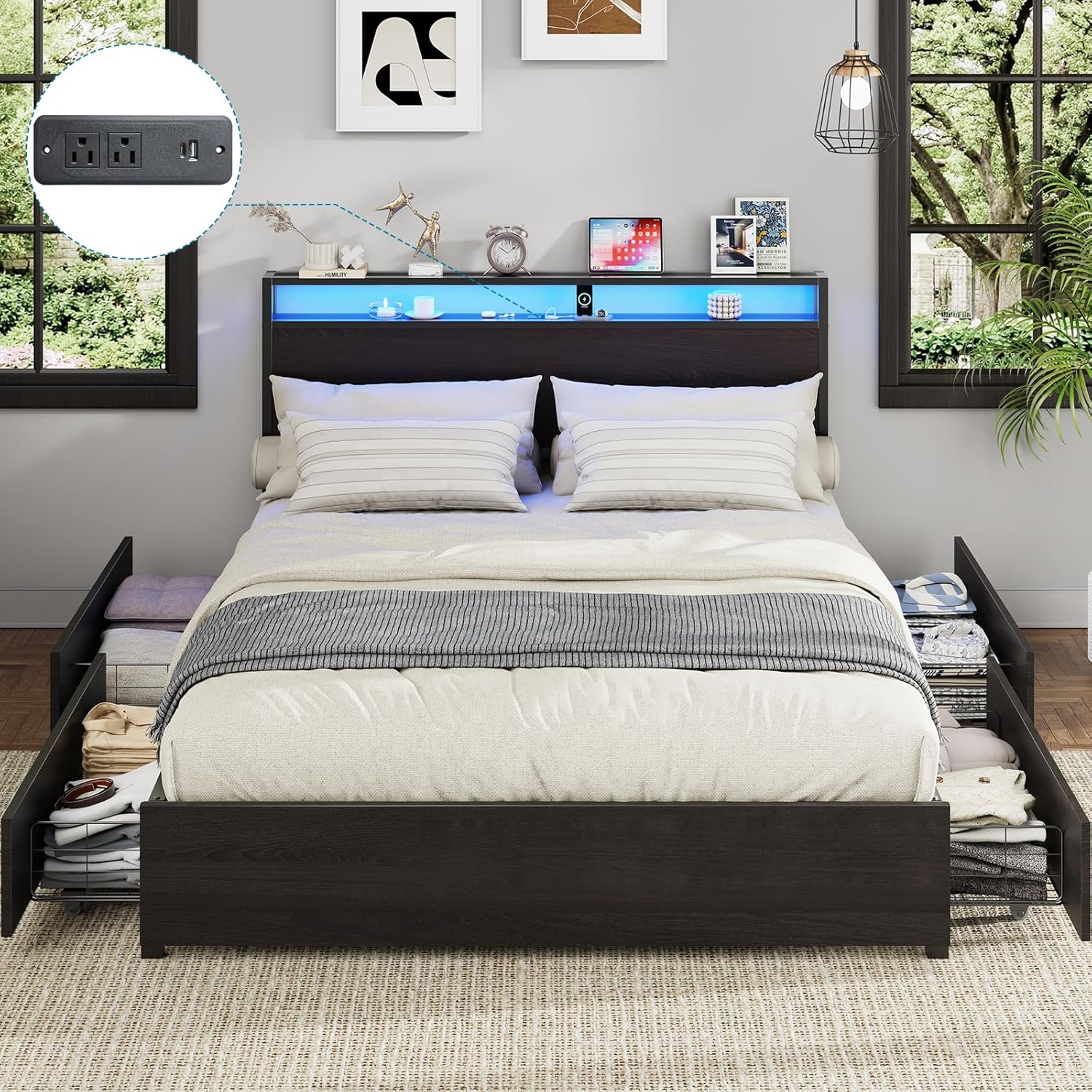 Full Size Bed Frame with LED Lights and Storage Drawers