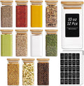 Glass Spice Jars 12pcs with Bamboo Lid - Airtight Square 10oz Set