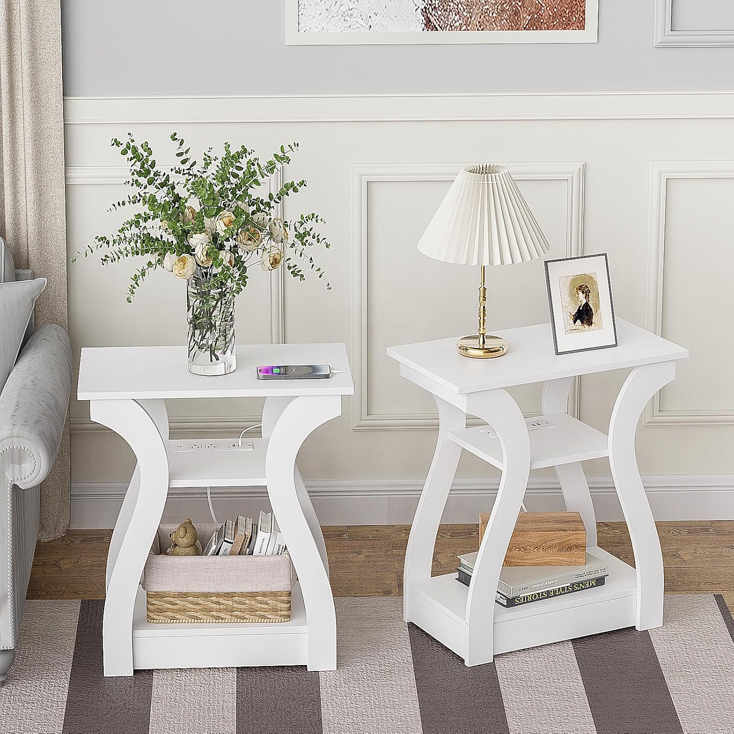 End Tables Living Room Set of 2 with Charging Station and Storage