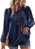 Womens Fall Crewneck Long Sleeve Chiffon Lace Hem Blouse - Casual