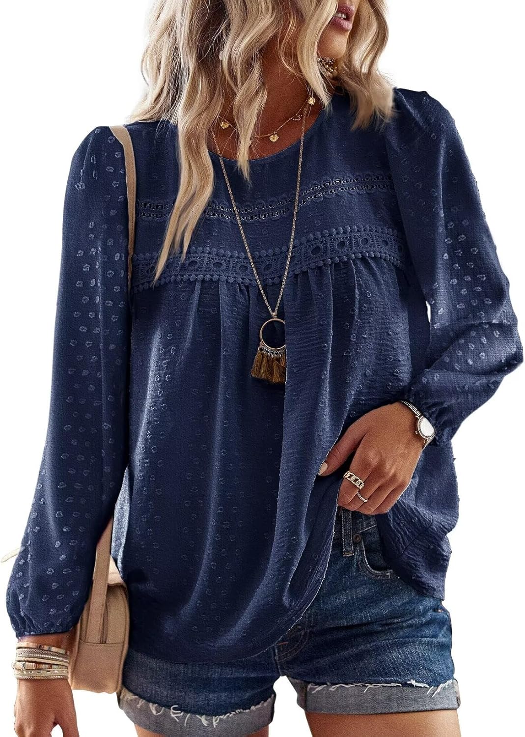 Womens Fall Tops Crewneck Long Sleeve Casual Chiffon Blouses