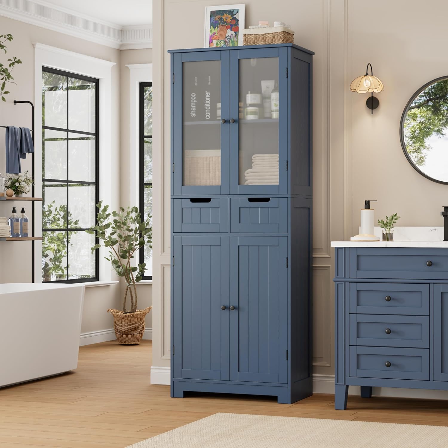 67 Tall Bathroom Storage Cabinet with Glass Door and Drawers