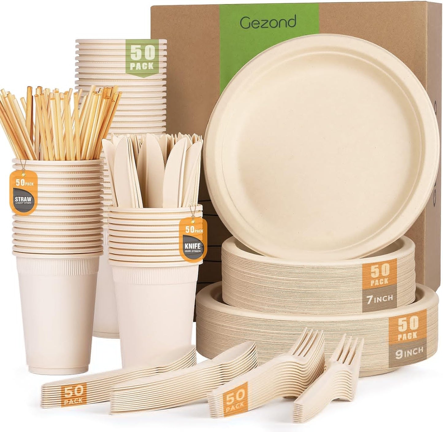 Gezond 350pcs Compostable Paper Plates Set for Eco-friendly Events