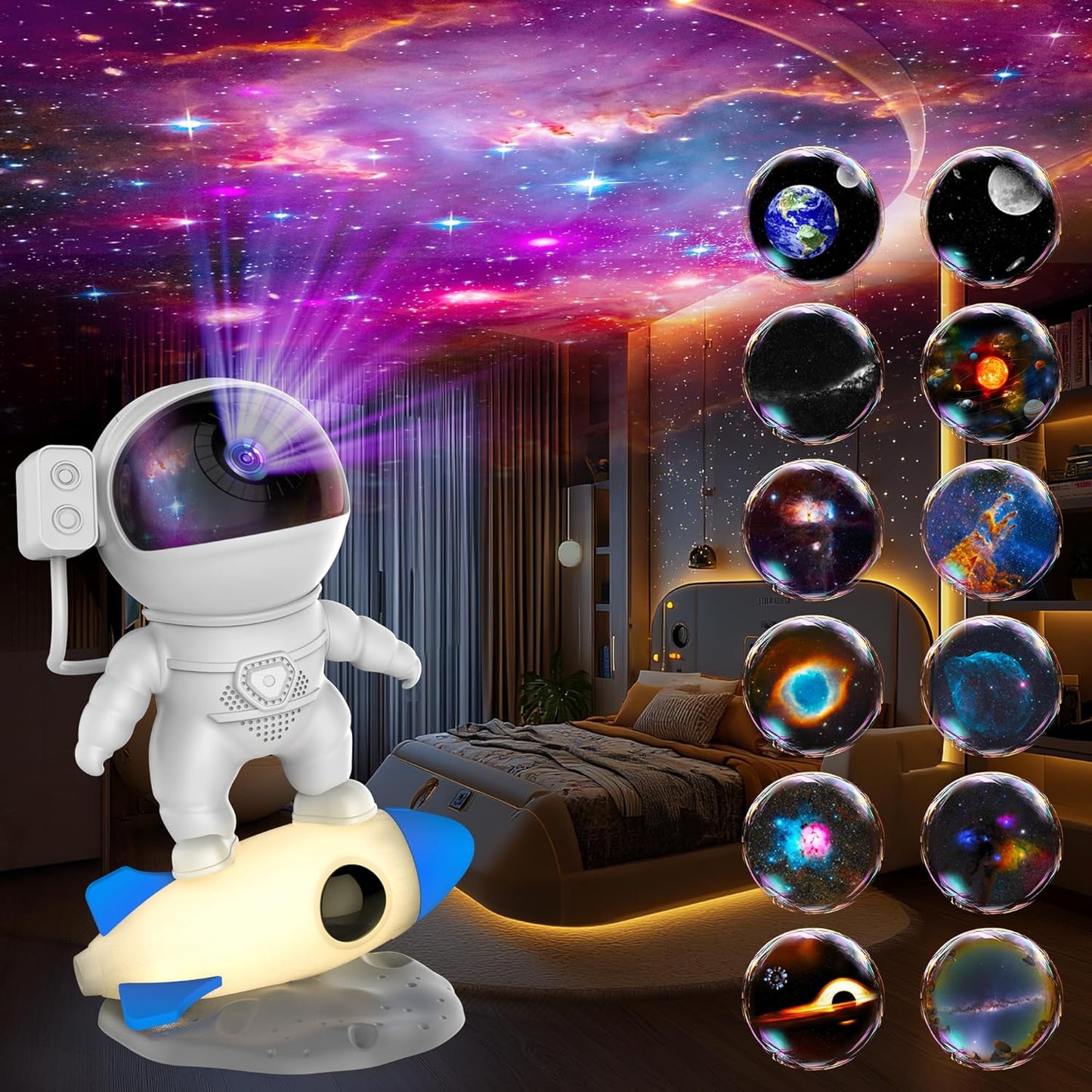 Astronaut Galaxy Projector: 12-in-1 HD Planetarium, Timer, Rotating, 9 Colors