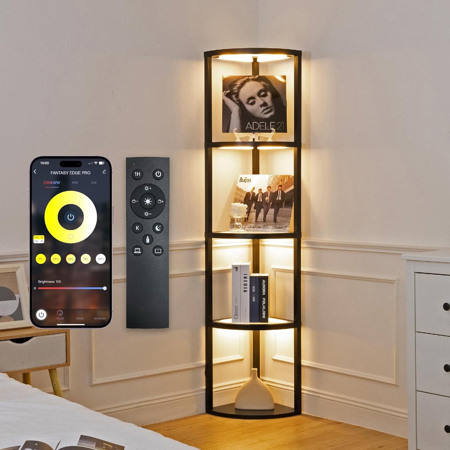 FENLO Corner Floor Lamp with Shelves and Dimmable LED Lights