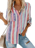 Astylish Womens V Neck Striped Roll up Sleeve Button Down Blouse