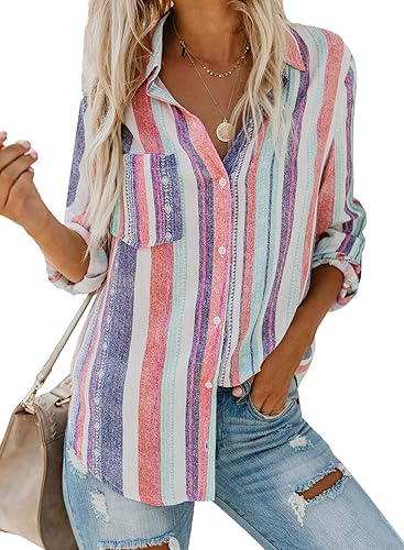 Astylish Womens V Neck Striped Roll Up Sleeve Blouse Top Review