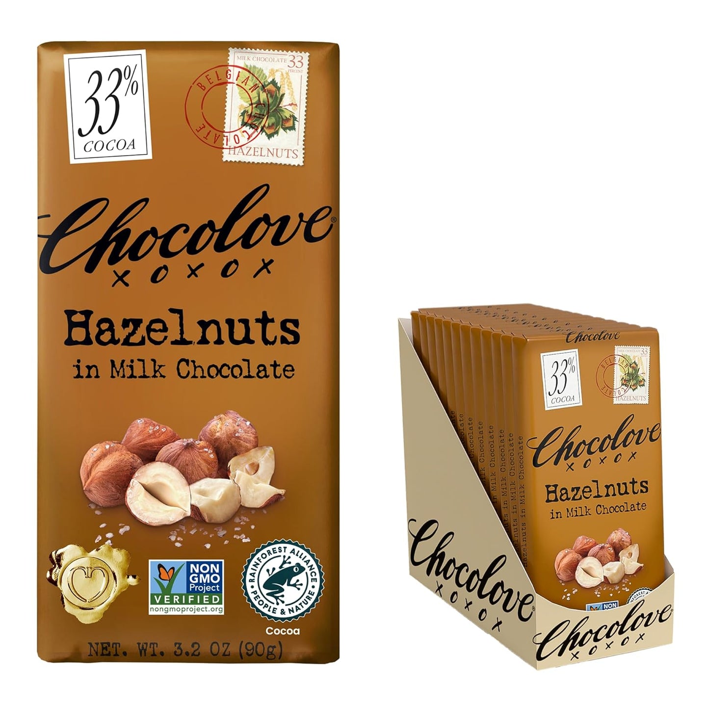 Chocolove Hazelnut Milk Chocolate Bars with 33% Cocoa Delight