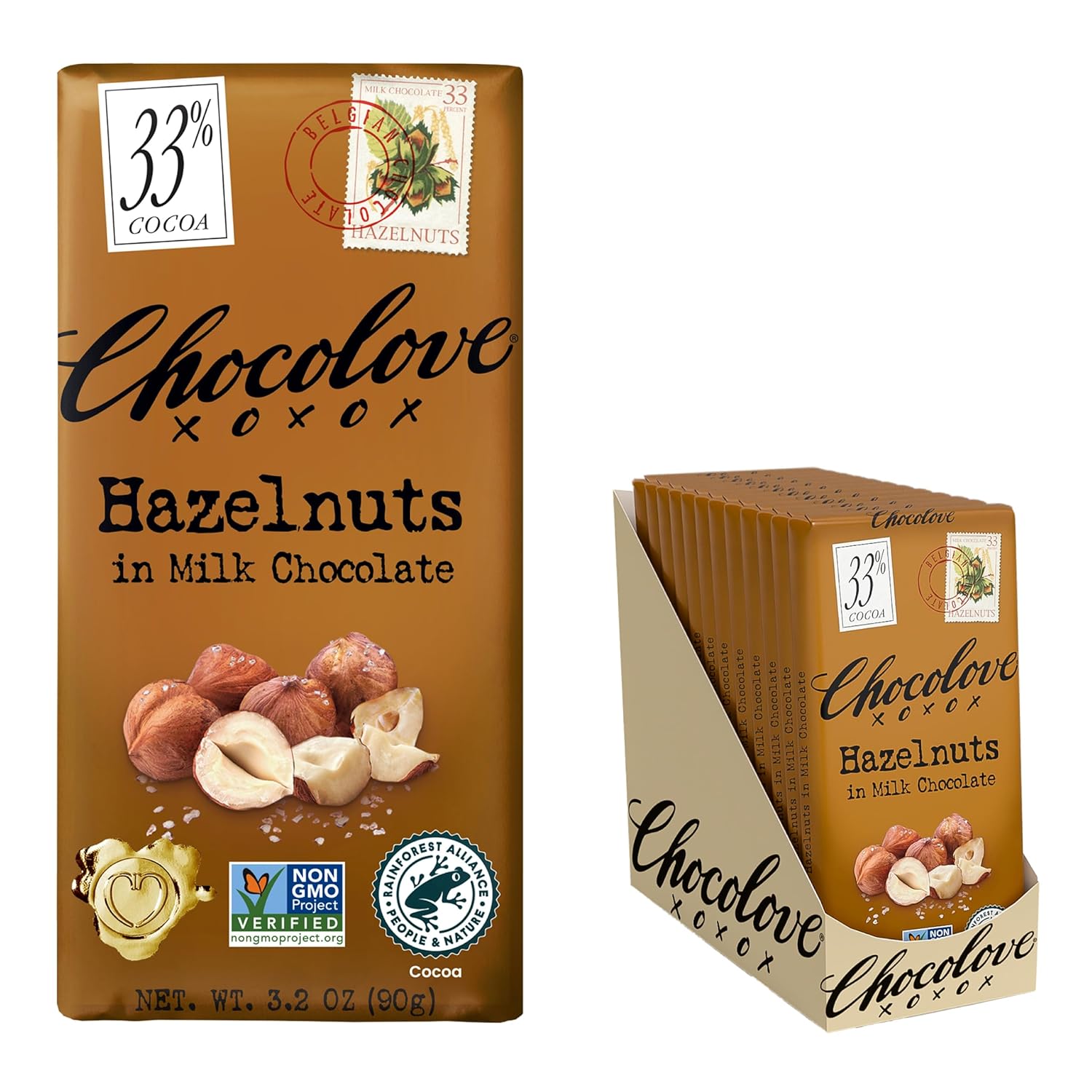 Chocolove Hazelnut Milk Chocolate Bars with 33% Cocoa Delight