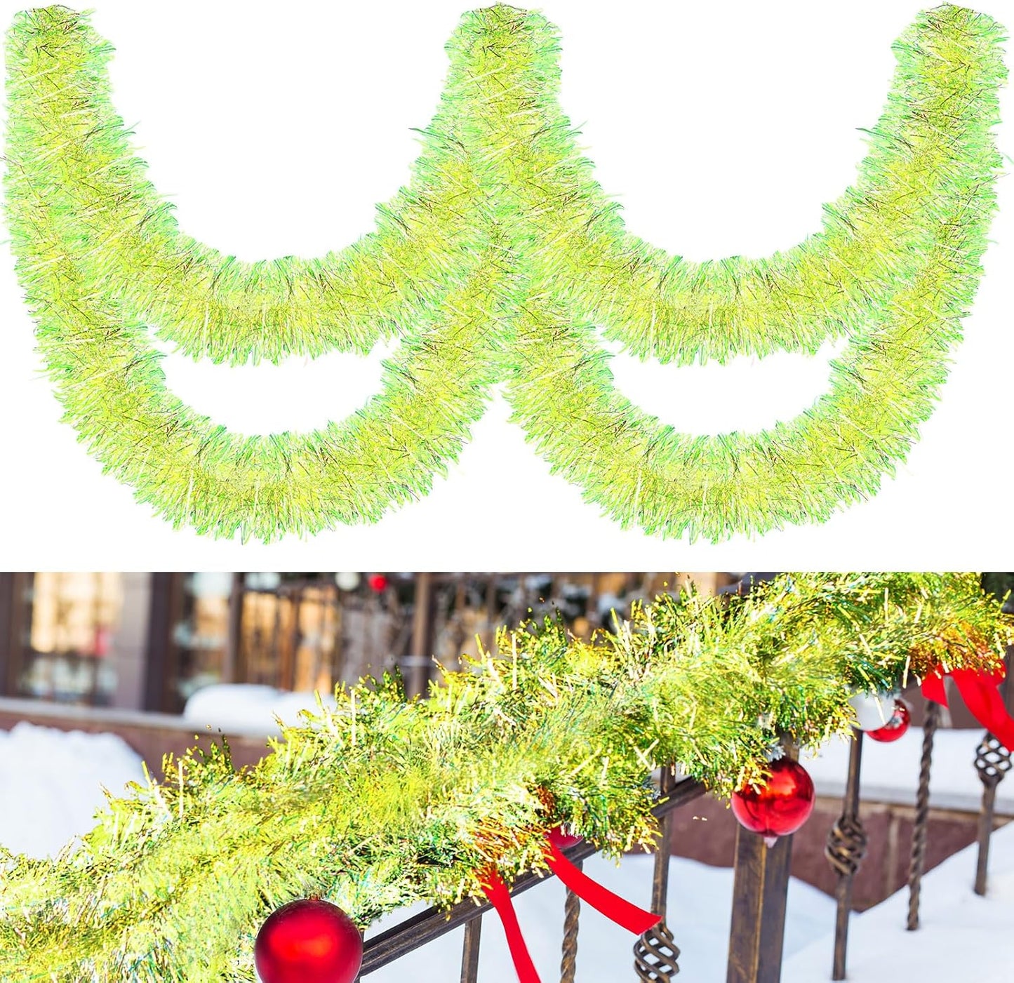 100 ft Christmas Tinsel Garland in Vibrant Lime Green Color