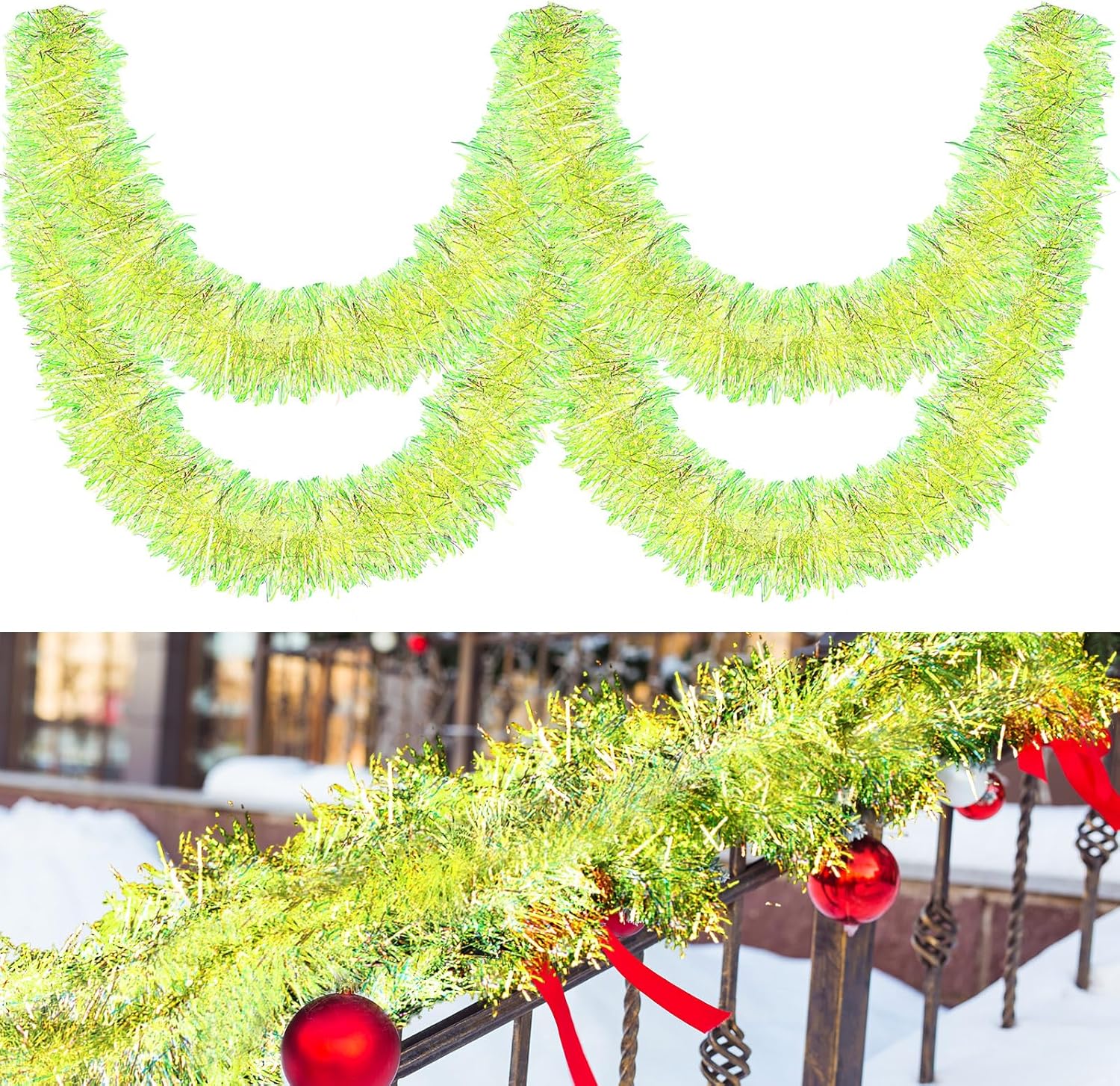 100 ft Christmas Tinsel Garland in Vibrant Lime Green Color