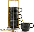 Stackable Coffee Mugs Set of 4 with Rack & Spoons - 13 OZ Ceramic