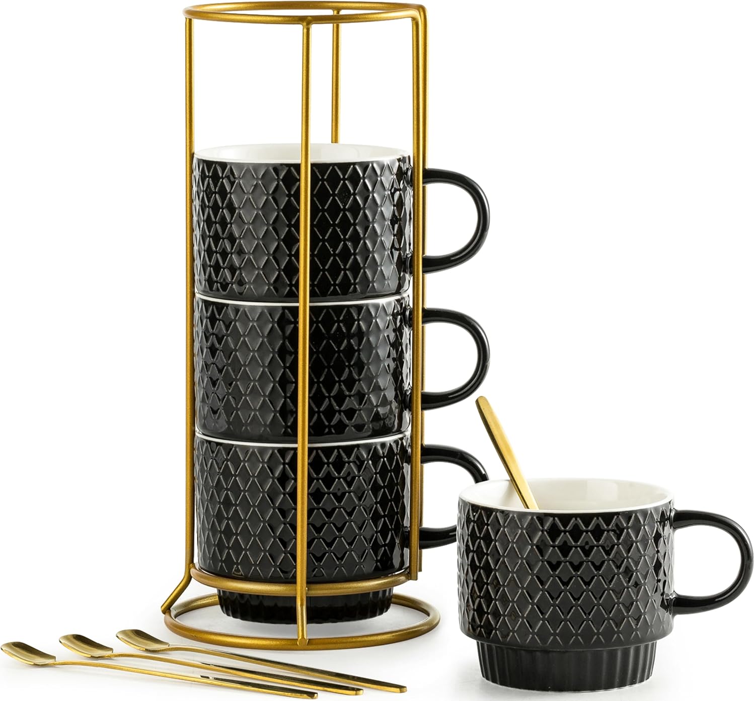 Stackable Coffee Mugs Set of 4 with Rack & Spoons - 13 OZ