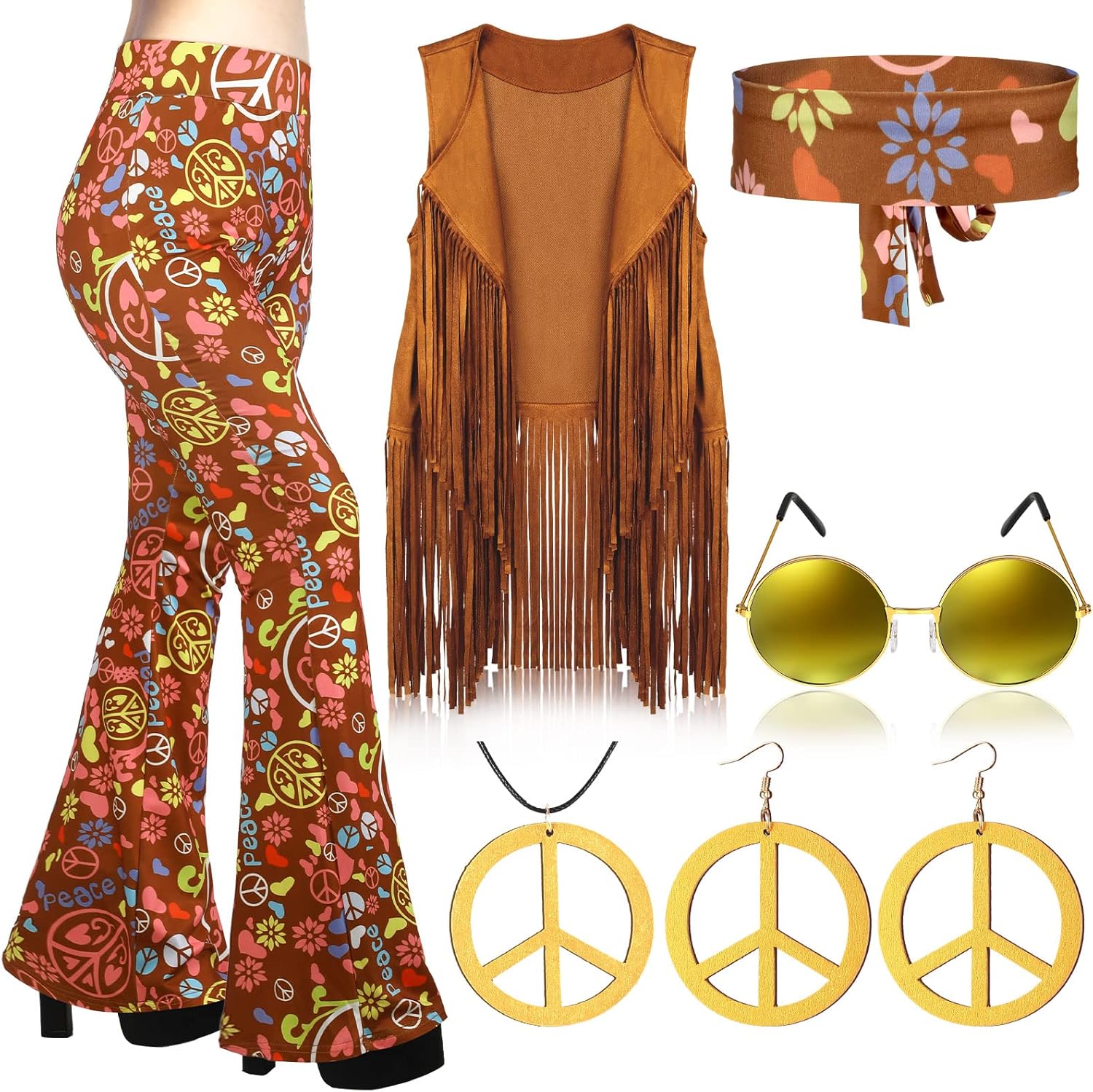 60s 70s Hippie Costume Set for Women with Flared Pants & Accessories