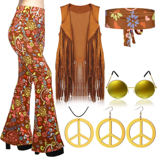 60s 70s Hippie Costume Set for Women with Flared Pants & Accessories