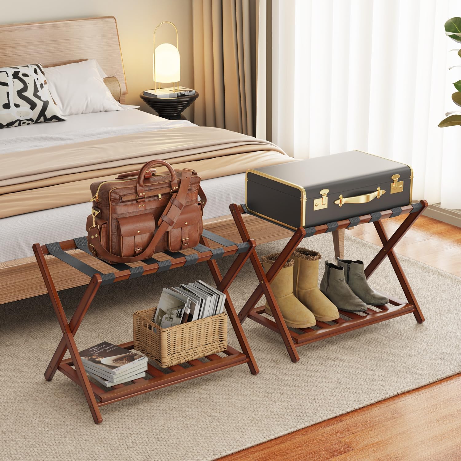 Bamboo Luggage Rack for Guest Room - 2 Pack Folding Stand