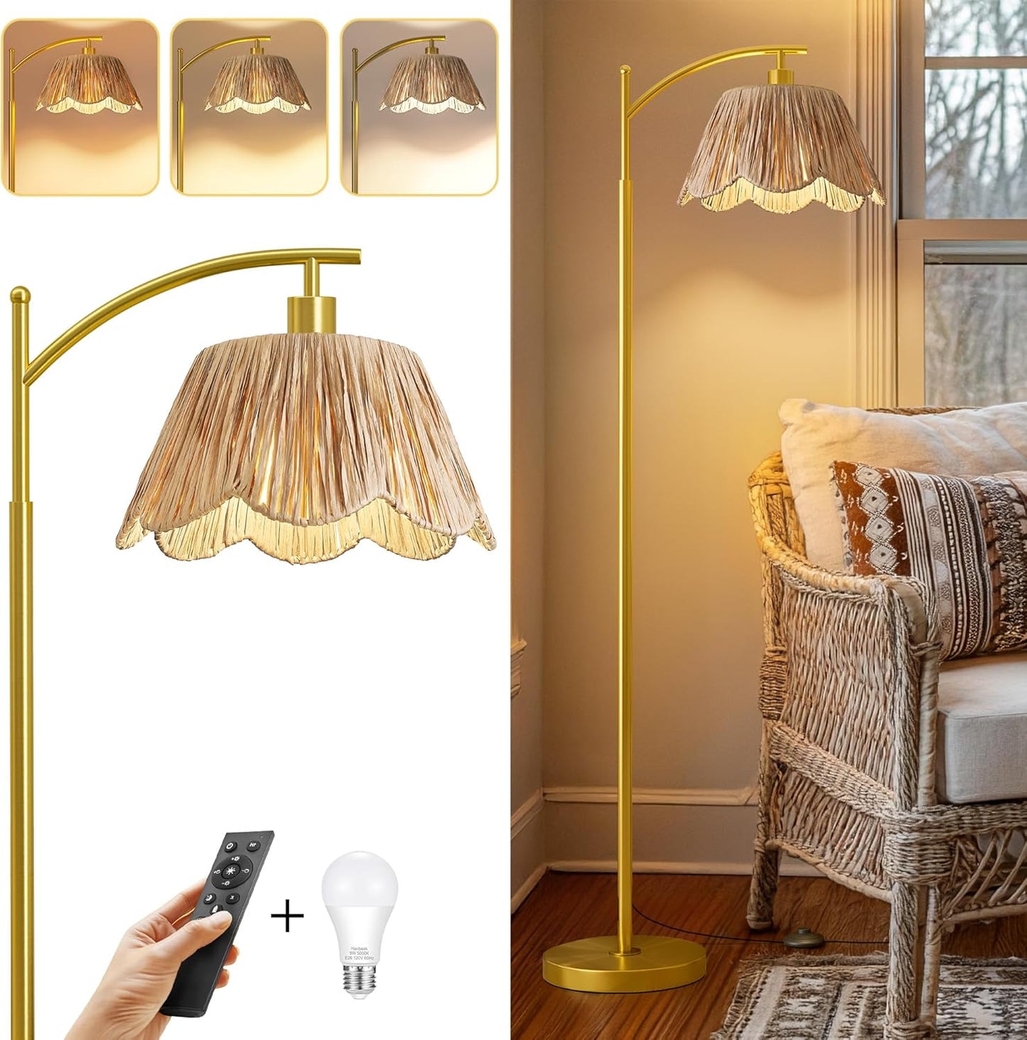 Oneach Boho Floor Lamp with Remote and Dimmable Bulb for Home