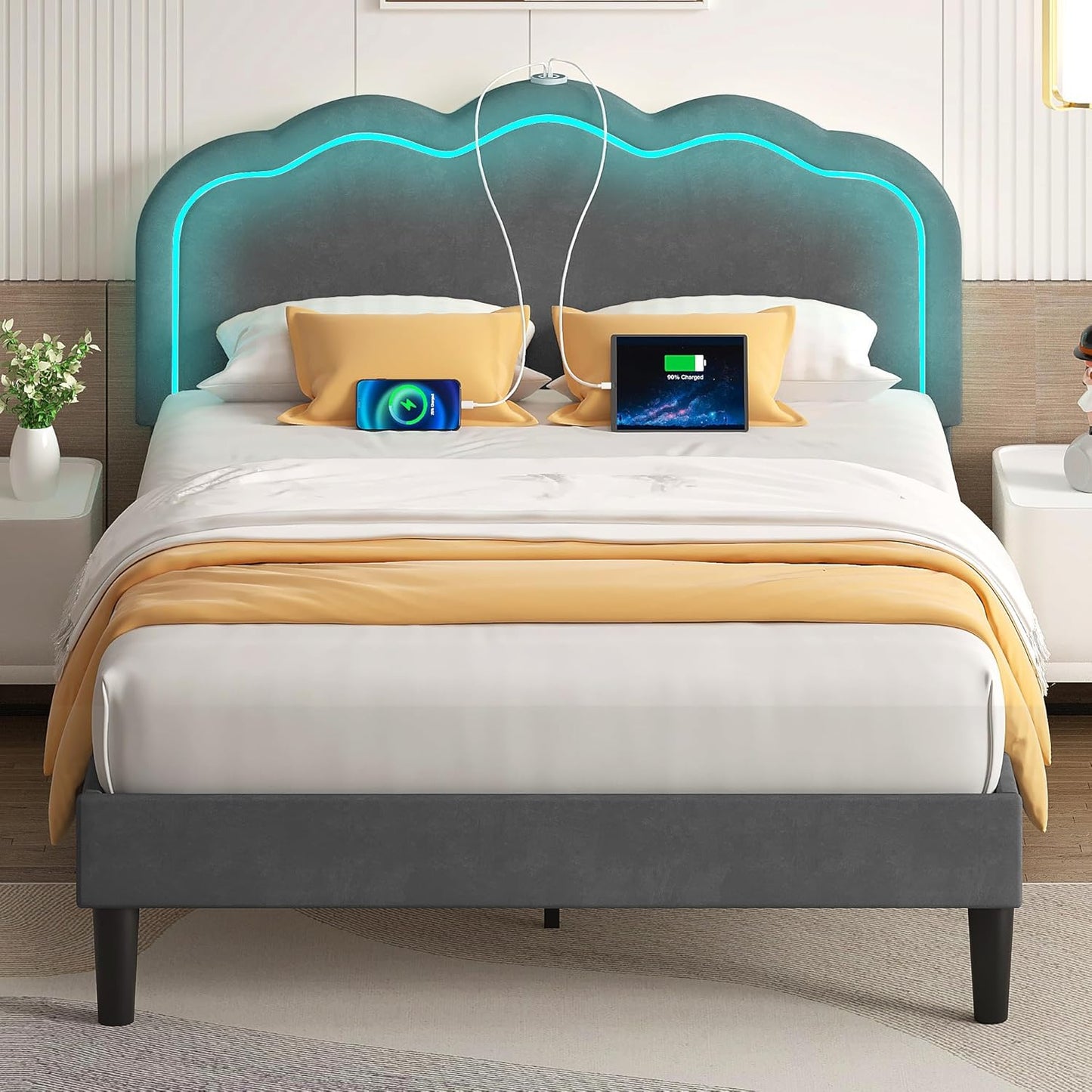 VECELO Upholstered Queen Size Bed Frame with LED Lights