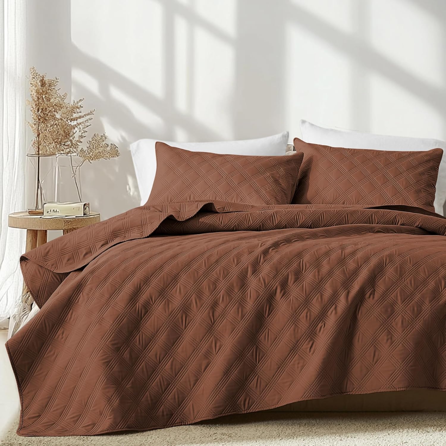 inron Quilt Set Queen Size - Lightweight Brown Microfiber Coverlet
