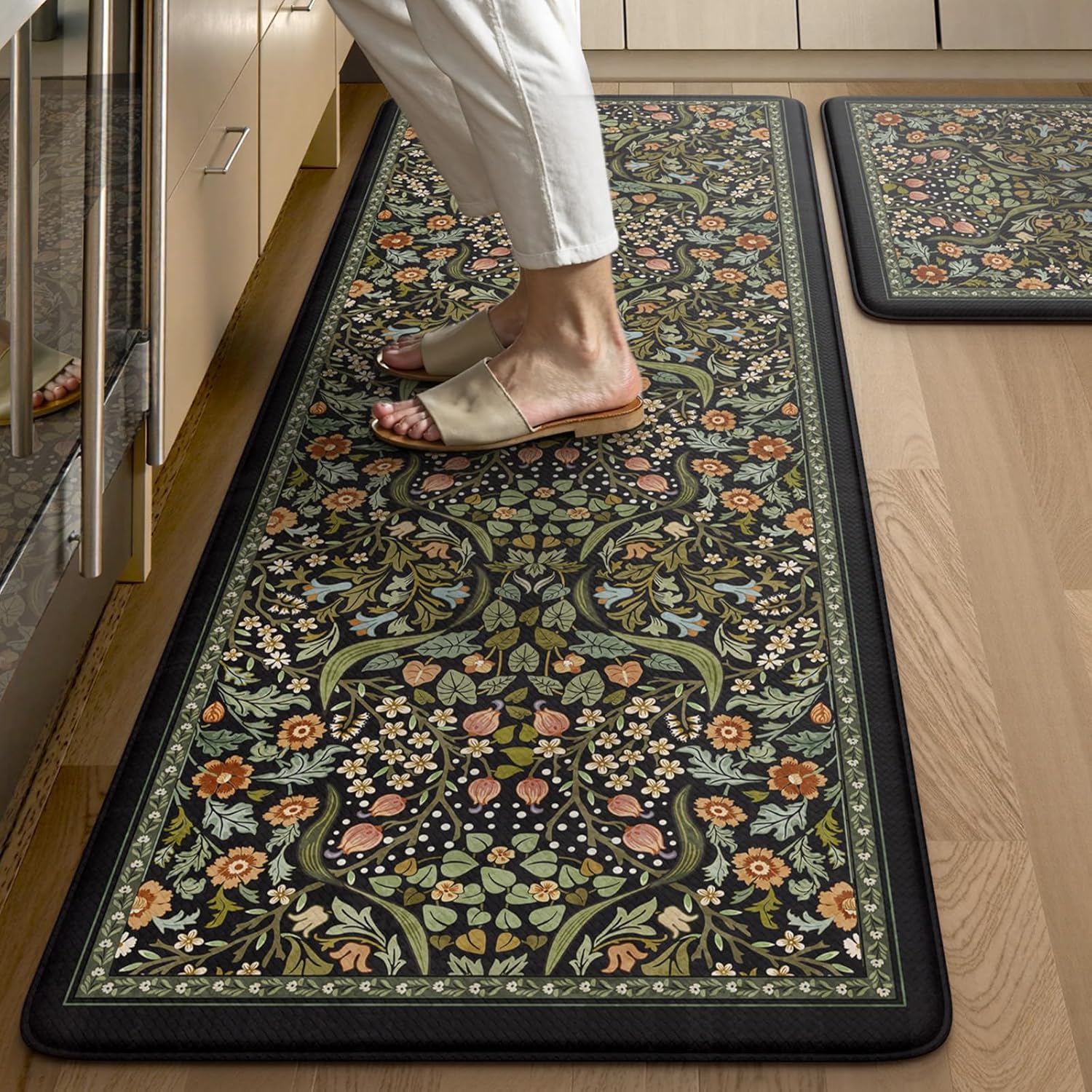 Cushioned Anti Fatigue Kitchen Floor Mat Set with Floral Design