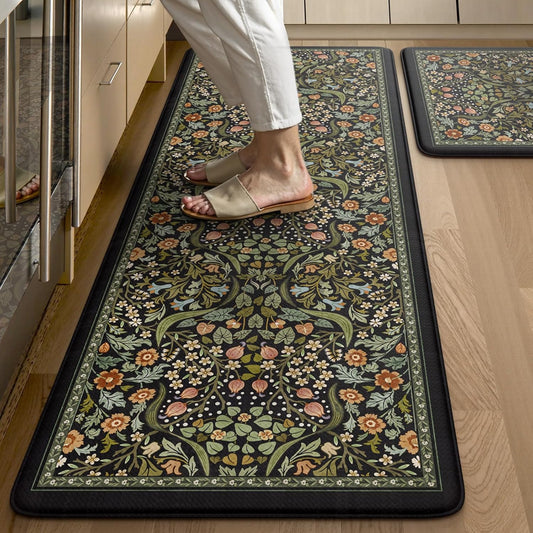 Cushioned Anti Fatigue Kitchen Floor Mat Set with Floral Design