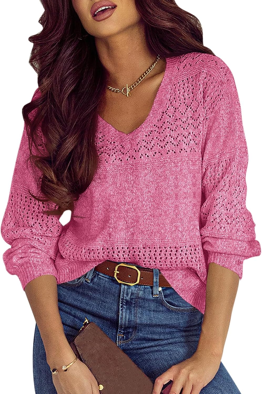 SHEWIN Women's Lightweight Crochet Pullover Sweater for Casual Wear