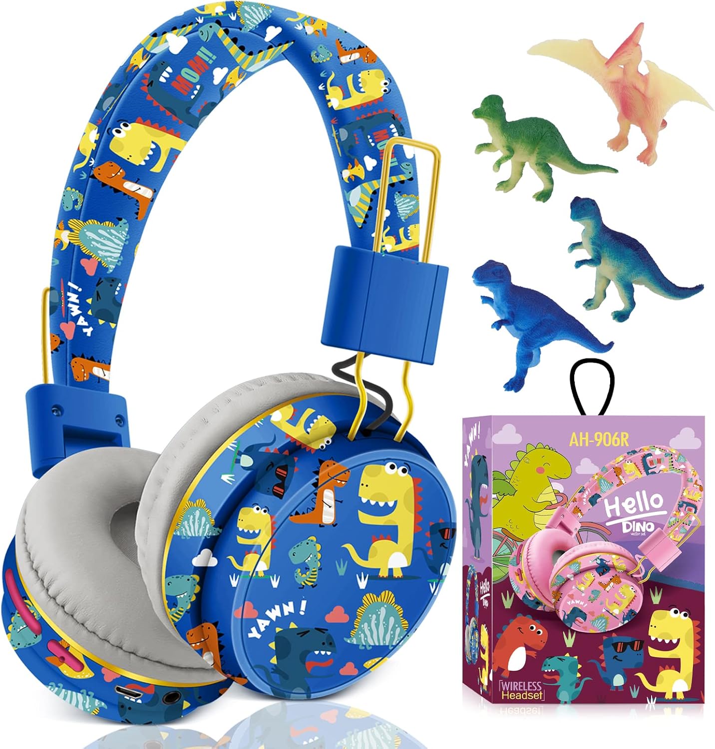 QearFun Dino Bluetooth Headphones for Kids (Blue)