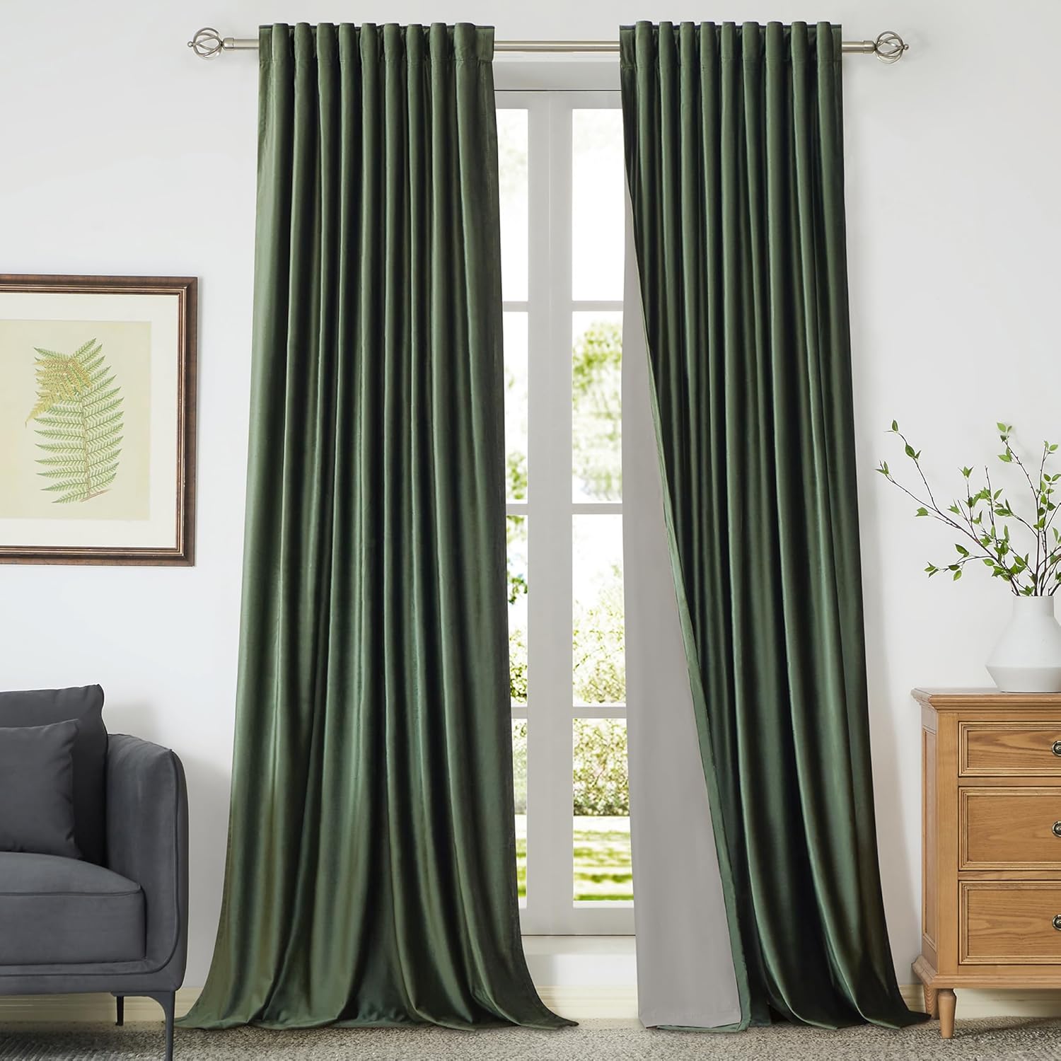 100% Blackout Olive Green Velvet Curtains for Living Room