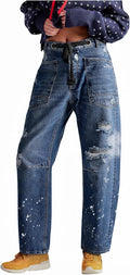 Women's Baggy Barrel Jeans Wide Leg Mid Rise - Paint Splatter Style