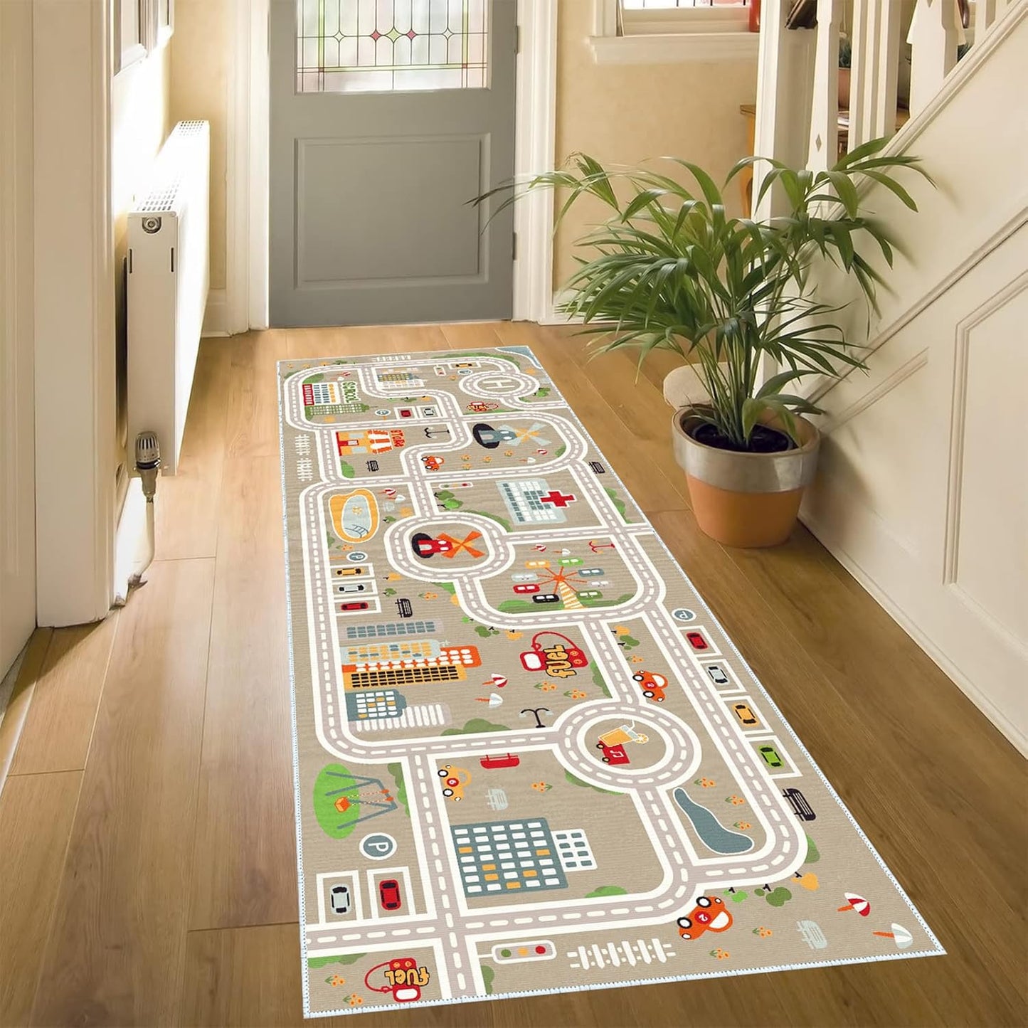 Kids Car Train Rug for Playroom, 2ft x 8ft Non Slip Mat