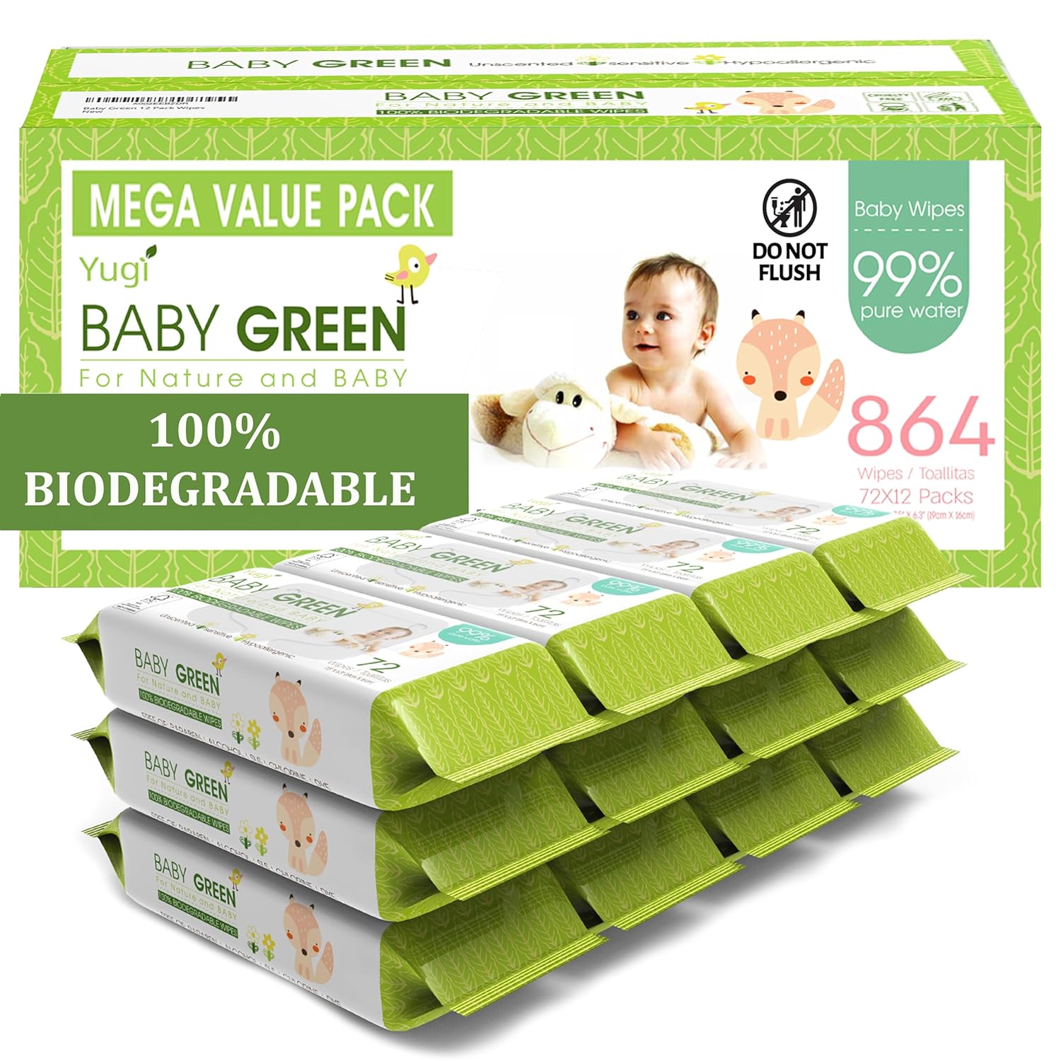 Yugi Green Baby Wipes for Sensitive Skin, Biodegradable & Eco-Friendly