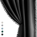 Pompom Blackout Curtains for Bedroom 90 Inch Length Panels