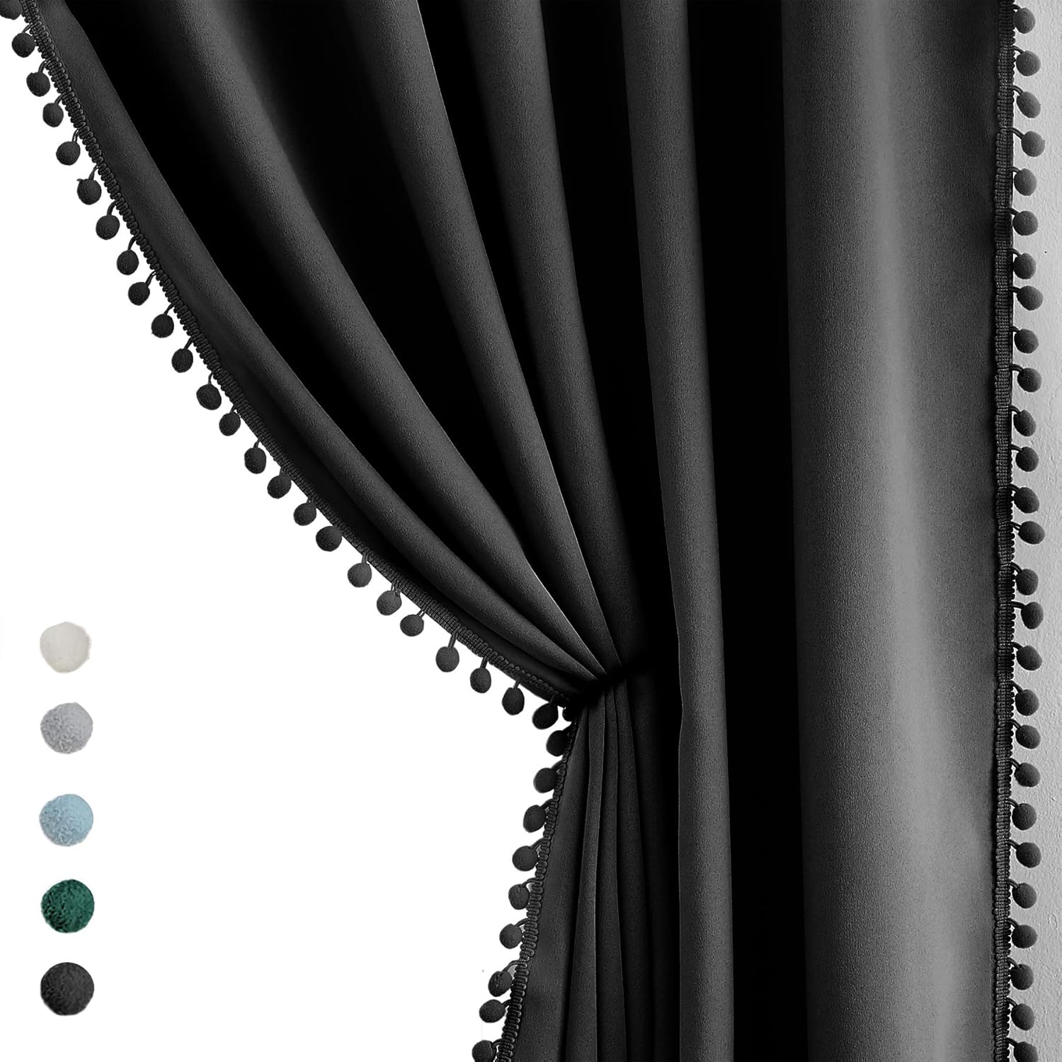 Pompom Blackout Curtains for Bedroom 90 Inch Length Panels