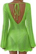 Womens Crochet Backless Swimsuit Cover Up Long Sleeve - Beachwear